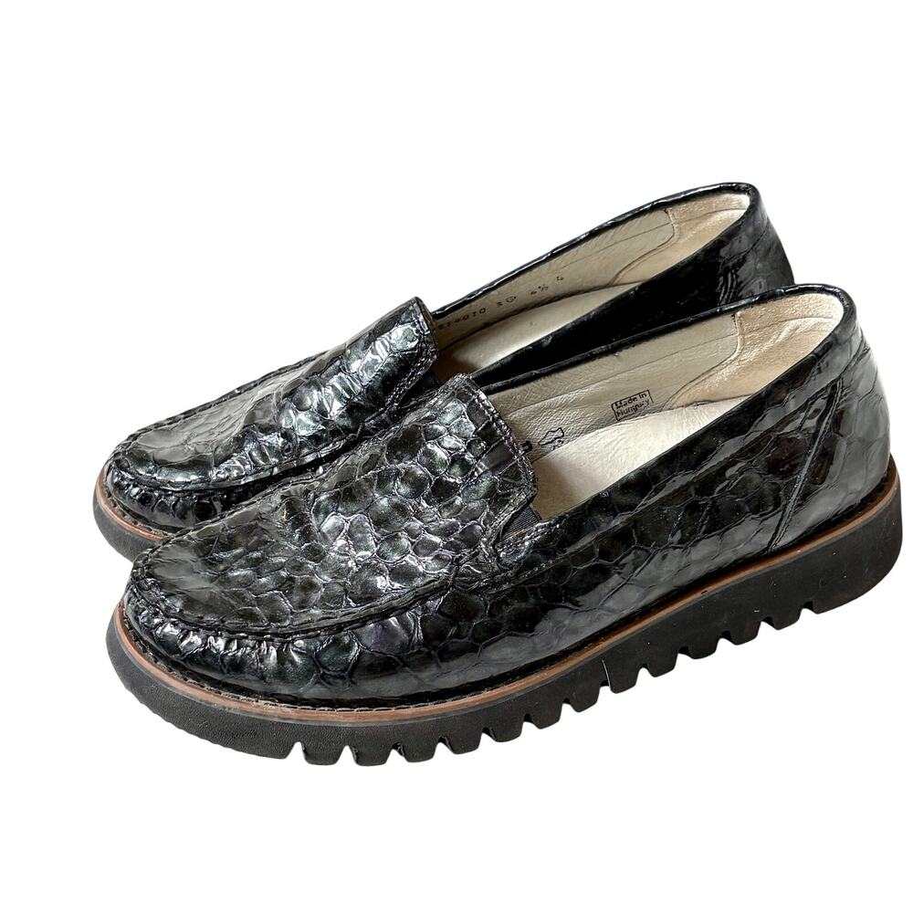 Waldlaufer Leather Loafers UK 6.5 US 8.5 Black Croc Flats Comfort Lightweight